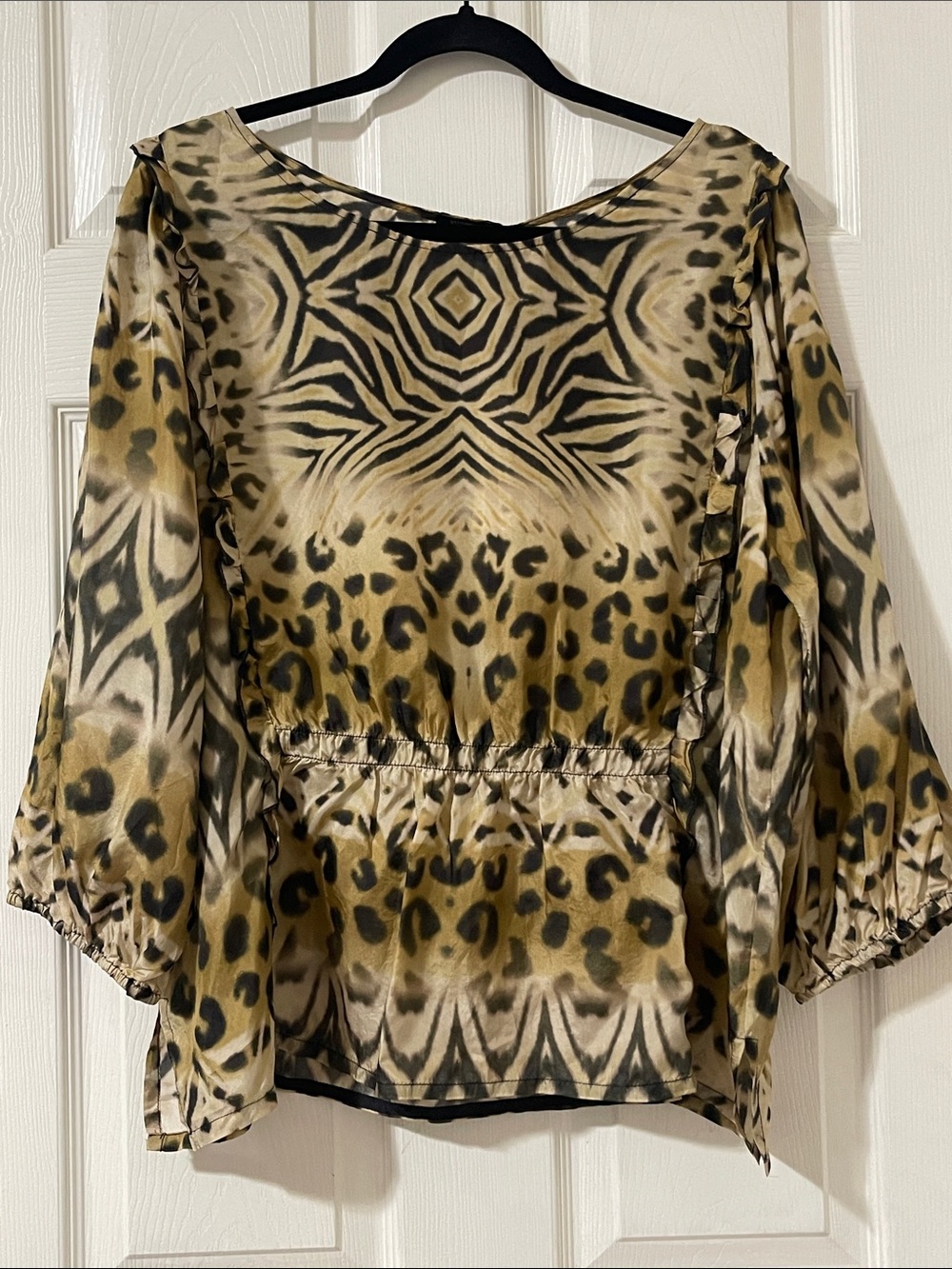 Johnny Was 100% Silk Blouse in Black and Tan Animal Print